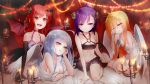  4girls absurdres ahoge angel angel_wings bandeau blonde_hair blue_eyes breasts brown_eyes candle cleavage commentary_request cross_hair_ornament demon_girl demon_wings elbow_gloves fangs film_grain gabriel_dropout gloves hair_ornament hair_rings hallelujah_essaim highres horns kurumizawa_satanichia_mcdowell long_hair looking_at_viewer lying midriff multiple_girls on_stomach purple_hair red_eyes red_hair rubbing_eyes sazanka shiraha_raphiel_ainsworth short_hair silver_hair sitting strap_slip tenma_gabriel_white tsukinose_vignette_april wings x_hair_ornament 