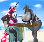  2019 absurd_res anthro big_breasts blues64 blush breasts changeling clothing duo eyes_closed female grin hair hi_res holding_object hole_(anatomy) horn huge_breasts marauder6272 multicolored_hair my_little_pony outside sinyxstra sitting smile swimsuit two_tone_hair 