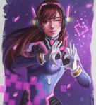  absurdres arms_up bangs blue_bodysuit bodysuit breasts brown_eyes brown_hair closed_mouth commentary_request d.va_(overwatch) eyelashes facial_mark gloves headphones headset heart heart_hands high_collar highres lips long_hair looking_at_viewer medium_breasts nose one_eye_closed overwatch pilot_suit pink_facepaint pink_lips ribbed_bodysuit shiro-hane shoulder_pads skin_tight solo standing swept_bangs whisker_markings white_gloves 
