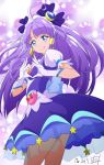  1girl 2019 ahoge blue_eyes bow cure_selene dated dress eyebrows_visible_through_hair floating_hair gloves hair_bow hair_tubes heart heart_hands highres long_hair looking_at_viewer nii_manabu pinafore_dress precure purple_bow purple_dress purple_hair see-through shiny shiny_hair short_dress short_sleeves signature sleeveless sleeveless_dress smile solo star_twinkle_precure very_long_hair white_gloves white_sleeves 