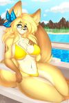  2019 anthro bikini blonde_hair butterfly_clip canid canine clothing eyewear facial_piercing female fennec fox hair hairclip kaiyonato mammal misentes navel piercing solo swimsuit 