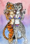  anthro bikini blonde_hair blue_eyes brown_hair clothing duo ear_piercing ear_ring felid female fur green_eyes hair long_hair looking_at_viewer mammal navel orange_fur pantherine piercing shiverz smile snow_leopard spots stripes swimsuit tiger v_sign white_fur 