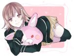  1girl bangs beige_skirt black_jacket black_legwear commentary_request danganronpa flipped_hair hair_ornament hairclip highres holding hood hooded_jacket hoodie iro jacket light_brown_hair long_sleeves looking_at_viewer lying monomi_(danganronpa) nanami_chiaki on_side pillow pink_eyes short_hair skirt sleeves_past_wrists smile solo super_danganronpa_2 thighhighs 