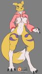  2019 arashidrgn big_breasts black_sclera blue_eyes bottomless breasts canid canine clothed clothing digimon digimon_(species) female fur hoodie mammal meme nipples nude renamon solo sweater twitter twitter_hoodie white_fur yellow_fur 