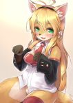  5_fingers anthro blonde_hair blush bottomless breasts cleavage clothed clothing felid feline female gloves gradient_background green_eyes hair kemono long_hair looking_at_viewer mammal necktie open_mouth shiitakemeshi shirt simple_background smile solo 