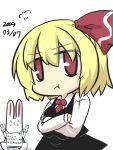  1girl 2019 ahegao animal_ears artist_self-insert black_skirt black_vest blonde_hair bunny bunny_ears commentary_request crossed_arms dated double_v eyebrows_visible_through_hair goma_(gomasamune) hair_ribbon highres long_sleeves necktie pout red_eyes ribbon rumia short_hair sign sign_around_neck sitting skirt standing touhou translation_request v vest white_background 