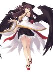  1girl bare_shoulders bow breasts brown_hair cleavage feathered_wings full_body hair_between_eyes hair_bow highres iwashi_(nisankatanso) japanese_clothes large_breasts long_hair original pointy_ears red_eyes sandals smile solo white_background wings 
