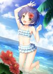  1girl :d bangs bare_shoulders beach bikini blue_hair blue_sky blush breasts cloud collarbone commentary_request day eyebrows_visible_through_hair flower frilled_bikini frills gochuumon_wa_usagi_desu_ka? hair_between_eyes hair_flower hair_ornament jouga_maya leg_up looking_at_viewer navel ocean open_mouth outdoors palm_tree red_flower sand sky smile solo standing swimsuit tree water win_opz yellow_eyes 