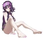  absurdres arm_under_breasts bare_shoulders barefoot between_legs blush breasts cleavage cleavage_cutout closed_mouth eyewear_on_head feet from_side frown full_body girls_frontline hand_between_legs hands_together highres large_breasts leotard lights looking_at_viewer medium_hair multicolored_hair nail_polish pink_hair purple_eyes purple_hair ripper_(girls_frontline) rlin sangvis_ferri simple_background sitting sleeveless solo streaked_hair white_background 