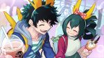  1boy 1girl amusement_park asui_tsuyu backpack bag blue_jacket blush boku_no_hero_academia bow breasts collarbone commentary_request cup drink drinking_straw eyes_closed food freckles frog_girl green_hair hair_bow hair_ornament hair_rings happy hatsuta highres holding holding_cup holding_food hood hooded_jacket jacket long_hair looking_at_another midoriya_izuku outdoors red_jacket shirt short_hair smile striped striped_shirt two-tone_shirt white_backpack white_shirt yellow_backpack 