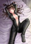  1girl artist_request bangs bed belly blush bodysuit bound breasts brown_eyes brown_hair chained_up chains fingerless_gloves gloves highres large_breasts long_hair looking_at_viewer lying navel open_clothes open_mouth unzipped zipper 
