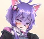  anthro black_hoodie blush bottomless breasts canid canine canis clothed clothing domestic_dog fur hair kemono long_hair mammal open_mouth panting purple_eyes purple_fur purple_hair shiitakemeshi simple_background solo sweat 