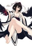  1girl bare_legs barefoot black_hair breasts feathered_wings feet hair_between_eyes hat head_tilt highres iwashi_(nisankatanso) japanese_clothes large_breasts legs looking_at_viewer parted_lips pointy_ears red_eyes shameimaru_aya short_hair smile solo thighs toes tokin_hat touhou wings 