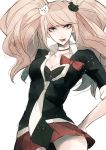  1girl bear_hair_ornament black_shirt blonde_hair blue_eyes bow breasts choker cleavage collarbone commentary_request danganronpa danganronpa_1 enoshima_junko hair_ornament hand_on_hip large_breasts long_hair looking_at_viewer miniskirt necktie pink_hair red_bow red_skirt sakuyu shirt simple_background skirt solo tongue tongue_out twintails two-tone_neckwear white_background 