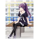  bench blue_eyes building dress hand_on_thigh jewelry looking_at_viewer monogatari_(series) necklace park_bench pillarboxed playground ponytail purple_hair scrunchie senjougahara_hitagi smile solo source_request watanabe_akio 