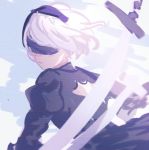  back_cutout black_blindfold black_dress black_hairband blindfold closed_mouth commentary dress english_commentary hairband juliet_sleeves k_(sktchblg) long_sleeves nier_(series) nier_automata puffy_sleeves solo sword weapon white_hair yorha_no._2_type_b 