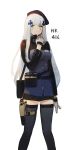  absurdres ammunition_pouch bag bangs beret black_legwear blunt_bangs breasts character_name closed_mouth dokshuri eyebrows_visible_through_hair facial_mark feet_out_of_frame girls_frontline gloves green_eyes grey_gloves gun hair_ornament hair_over_one_eye hand_on_own_chest handgun hat highres hk416_(girls_frontline) holster holstered_weapon iron_cross long_hair long_sleeves looking_at_viewer medium_breasts miniskirt pouch shoulder_bag simple_background skirt solo standing straight_hair teardrop thigh_holster thighhighs weapon white_background white_hair zettai_ryouiki 