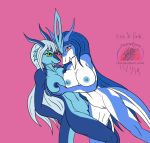  2019 anthro big_breasts blue_hair blue_skin breast_squish breasts dara_firespring digimon digimon_(species) duo femacendramon female female/female flamedramon green_eyes hair horn legendary_pok&eacute;mon long_hair looking_at_viewer nintendo nipples nude pok&eacute;mon pok&eacute;mon_(species) red_eyes scalie smile snowfyre suicune video_games white_hair 