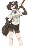  1girl animal_ears bangs bare_legs bear_ears bear_paw_hammer bear_tail bike_shorts brown_bear_(kemono_friends) brown_eyes brown_hair collared_shirt extra_ears eyebrows_visible_through_hair fingerless_gloves floating_hair gloves gluteal_fold hand_on_hip hand_up highres holding holding_weapon kemono_friends looking_at_viewer microskirt multicolored_hair open_mouth over_shoulder shirt short_sleeves shorts shorts_under_skirt simple_background skirt smile solo standing tail tanabe_(fueisei) two-tone_hair upper_teeth weapon weapon_over_shoulder white_background white_hair wind wing_collar 