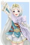  akina_(akn_646) arm_up blue_background blue_hair cape commentary_request dress fire_emblem fire_emblem_heroes gradient_hair long_sleeves multicolored_hair open_mouth purple_eyes short_dress short_hair simple_background solo tiara white_hair ylgr_(fire_emblem_heroes) 