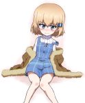 1girl blue_bow blue_dress blush bow brown_coat casual closed_mouth coat commentary dress eyebrows_visible_through_hair girls_und_panzer hair_bow katyusha kayabakoro leaning_to_the_side looking_at_viewer medium_dress off_shoulder open_clothes open_coat pinafore_dress plaid plaid_skirt ribbed_shirt shirt simple_background sitting sketch skirt smile solo strap_slip turtleneck white_background white_shirt 