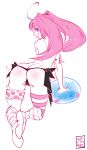  1girl :p ahoge all_fours ass boots closed_mouth from_behind full_body long_hair looking_at_viewer milim_nava monochrome nyxondyx pink_hair simple_background slime smile striped striped_legwear tensei_shitara_slime_datta_ken thighhighs thong tongue tongue_out topless twintails white_background 