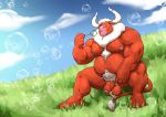  anthro balls belly big_balls big_belly big_horn biped blue_sky bovid bovine bubble cattle chest_tuft cloud day feet flaccid foreskin full-length_portrait fur grass grisser hair hairy happy horn huge_muscles humanoid_feet humanoid_hands humanoid_penis male mammal meadow musclegut muscular muscular_male nipples nude obese obese_male outside overweight overweight_male partially_retracted_foreskin pecs penis plant plantigrade portrait pubes red_skin short_hair sky smile snout solo tuft uncut white_fur 
