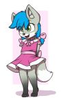  2019 aggie_(artist) anthro arctic_fox blue_hair bow canid canine clothed clothing collar cub cute_fangs digital_media_(artwork) dress female fox fur green_eyes grey_fur hair hi_res mammal open_mouth simple_background solo standing teeth tongue white_fur young 