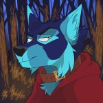  2019 anthro blue_fur canid canine canis clothing collar digital_media_(artwork) forest fur headshot hi_res hoodie icon looking_at_viewer male mammal rhyset riptide solo tree wolf yellow_eyes 