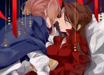  2girls blue_cloak book brown_hair cloak eyes_closed girls_frontline highres imminent_kiss latemon1 lee-enfield_(girls_frontline) m1903_springfield_(girls_frontline) multiple_girls red_shirt shirt sleeping white_shirt yuri 