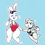  2018 anthro belly big_breasts bikini breasts buckteeth carol_(meirdent) chest_tuft choker cleavage clothed clothing duo ear_piercing eyelashes eyes_closed eyewear female floppy_ears hair hand_holding lagomorph larger_female long_ears mammal meirdent nicole_(meirdent) on_one_leg one-piece_swimsuit piercing rabbit size_difference slightly_chubby smaller_female standing string_bikini sunglasses sweat sweatdrop swimsuit teeth thick_thighs tuft wide_hips 