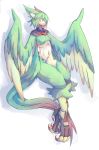  1girl 4139 feathered_wings female full_body green_hair harpy monster_girl navel original solo white_background wings yellow_eyes 