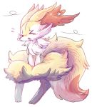  anthro blush braixen chest_tuft covering dipstick_tail embarrassed eyes_closed female fluffy fluffy_tail inner_ear_fluff multicolored_tail nintendo nyaswitchnya pok&eacute;mon pok&eacute;mon_(species) solo tuft video_games wind 