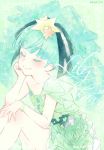  1girl blue_hair bracelet character_name dress eyes_closed floral_print hair_ornament hoshikawa_lily jewelry star star_hair_ornament twitter_username yuuna_minato zombie_land_saga 