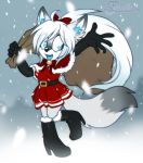  arctic_fox boots canid canine christmas citi-skies clothing dress footwear fox gloves hair_bow hair_ribbon holidays mammal ribbons sack snow 