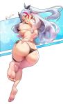  1girl :d ass azur_lane bare_arms bare_shoulders barefoot bikini bird black_bikini blurry blush breasts curvy depth_of_field dimples_of_venus eyebrows_visible_through_hair feet finger_to_mouth foreshortening full_body hair_between_eyes hand_on_own_ass highres huge_ass huge_breasts jpeg_artifacts legs long_hair looking_back muloli multicolored_hair open_mouth prinz_eugen_(azur_lane) prinz_eugen_(unfading_smile)_(azur_lane) side-tie_bikini sideboob silver_hair smile soles solo streaked_hair sweat swimsuit thick_thighs thigh_strap thighs toes twisted_torso two_side_up yellow_eyes 