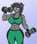  abs anthro biceps black_hair bovid bovine bra breasts cattle cleavage clothed clothing exercise female fingerless_gloves gloves grey_skin hair happy horn mammal purple_eyes rokiloki smile solo sports_bra tight_clothing underwear weightlifting weights wide_hips workout 