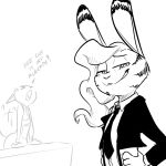  2019 anger_vein anthro canid canine clothed clothing dialogue disney duo ear_markings english_text facial_markings female fox fur_markings greyscale half-closed_eyes hand_on_hip ittybittykittytittys jack_savage lagomorph looking_at_viewer male mammal markings monochrome motion_lines necktie rabbit skye_(zootopia) tailwag text zootopia 