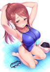  1girl armpits arms_up barefoot blue_swimsuit blurry blush breasts brown_hair competition_swimsuit covered_navel depth_of_field eyebrows_visible_through_hair foreshortening from_above highres idolmaster idolmaster_cinderella_girls kneeling large_breasts long_hair mifune_miyu natsu_(nattiyann) one-piece_swimsuit parted_lips ponytail purple_eyes sidelocks solo sweatdrop swimsuit tile_floor tiles tying_hair whistle whistle_around_neck 