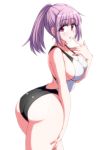  1girl ass bangs breasts commentary_request competition_swimsuit eyebrows_visible_through_hair finger_to_mouth hand_on_own_thigh high_ponytail huge_ass large_breasts looking_at_viewer looking_back one-piece_swimsuit original purple_eyes purple_hair sideboob sidelocks simple_background solo swimsuit white_background zetsumu 