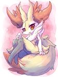  anthro braixen chest_tuft dipstick_tail featureless_crotch female fluffy fluffy_tail inner_ear_fluff looking_at_viewer low-angle_view multicolored_tail nintendo nyaswitchnya pok&eacute;mon pok&eacute;mon_(species) sitting solo tuft video_games 