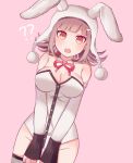  1girl :o ?? alternate_costume animal_ears animal_hat bangs bare_shoulders black_gloves breasts bunny_ears bunny_hat commentary_request cowboy_shot danganronpa detached_sleeves fingerless_gloves fishnet_legwear fishnets gloves hair_ornament hairclip hat large_breasts light_brown_hair long_sleeves looking_at_viewer mole mole_on_breast nanami_chiaki p0pomeco pink_background pink_eyes pink_neckwear pink_ribbon ribbon shirt simple_background solo standing super_danganronpa_2 upper_teeth white_shirt white_sleeves 