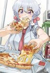  1girl biting blush breasts can cardboard cheese_trail eating food food_on_face foreshortening hair_ornament hair_scrunchie holding holding_food holding_pizza indoors large_breasts long_hair lydian_academy_uniform necktie pizza pizza_box purple_eyes red_neckwear school_uniform scrunchie senki_zesshou_symphogear short_sleeves signature silver_hair soda_can solo teeth twintails tyuga yukine_chris 