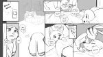  2019 anthro barefoot bed canid canine clothed clothing comic dialogue disney duo ear_markings english_text eyes_closed facial_markings female fox fur_markings greyscale hi_res ittybittykittytittys jack_savage kissing lagomorph male mammal markings monochrome on_bed rabbit skye_(zootopia) sound_effects speech_bubble text under_covers zootopia 