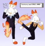  2019 anthro cigarette clothed clothing cosplay english_text fire gradient_background hi_res jinu lagomorph male mammal nintendo one_piece pok&eacute;mon pok&eacute;mon_(species) sanji_(one_piece) scorbunny simple_background solo text video_games 