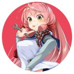  1girl akashi_(kantai_collection) arm_warmers blue_sailor_collar circle green_eyes hair_ribbon index_finger_raised kantai_collection long_hair long_sleeves mofu_namako pink_hair ribbon sailor_collar school_uniform serafuku solo tongue tongue_out tress_ribbon upper_body white_background wrench 