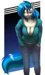  2019 anthro blue_hair breasts cleavage clothed clothing digital_media_(artwork) equid female friendship_is_magic fully_clothed hair hands_in_pockets hi_res horn looking_at_viewer mammal midriff multicolored_hair multicolored_tail my_little_pony skipsy smile solo two_tone_hair unicorn vinyl_scratch_(mlp) 