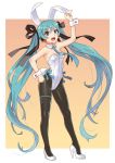  1girl adapted_costume animal_ears aqua_eyes aqua_hair aqua_neckwear black_legwear bunny_ears bunny_tail bunnysuit commentary_request detached_collar full_body gradient gradient_background hair_ribbon hand_on_hip hatsune_miku high_heels katahira_masashi leotard long_hair looking_at_viewer necktie open_mouth pantyhose ribbon solo standing strapless strapless_leotard tail twintails vocaloid white_footwear white_leotard wrist_cuffs 