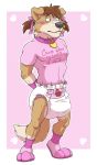  blush booties canid canine clothed clothing collar crying diaper footwear girly griz_urso handcuffs hi_res male mammal muscular pigtails shackles shoes simple_background tears terinas whimpering 