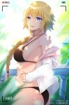 1girl :d absurdres ahoge artist_name ass bangs bare_shoulders bikini black_bikini blonde_hair blue_eyes blue_sky blurry blurry_background blush braid breasts cloud collarbone day eyebrows_visible_through_hair fate_(series) from_side hair_over_shoulder hair_tie highres jeanne_d&#039;arc_(fate)_(all) large_breasts light_particles long_hair long_sleeves looking_at_viewer ocean off_shoulder open_mouth outdoors palm_leaf railing recording shirt sideboob sidelocks single_braid sky smile solo swimsuit very_long_hair viewfinder watermark white_shirt wuli 